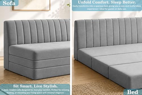 Image of 3-Seater Foldable Floor Sofa Bed with, Modern Velvet Fabric Folding Couch for Living Room, Guest Room & Small Spaces-Grey