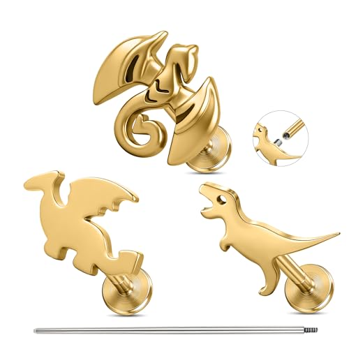 AccGin 3 Pcs Dragon Stud Earrings 16G 6mm Gold Flat Back Earrings Internal Thread Surgical Steel Cartilage Tragus Conch Helix Nose Lip Piercing Jewelry for Women Men