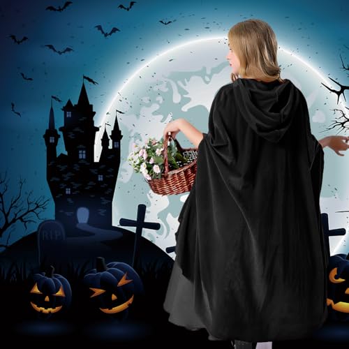 AOOWU Schwarzer Umhang, Mittelalter Umhang Kapuzenumhang, Junge,Mädchen Halloween Umhang mit Kapuze, Umhang kostüm Cape Satin, Umhang Kostüm Mantel für Halloween Weihnachten Karneval Kostüm