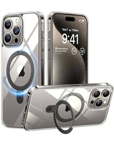 TORRAS Ultra Magnetic Clear for iPhone 15 Pro Case with Sturdy Stand, [12FT Military-Grade Shockproof & Compatible with MagSafe] Sleek Unbreakable Kickstand Case, Natural Titanium, Ostand Series