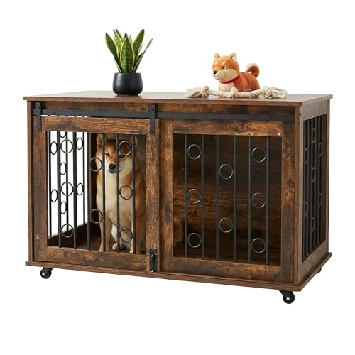Relaxdays Cage pour Chien grillagée avec Tablette, roulettes, 2 Portes, 64x100x59 cm, Marron/Noir