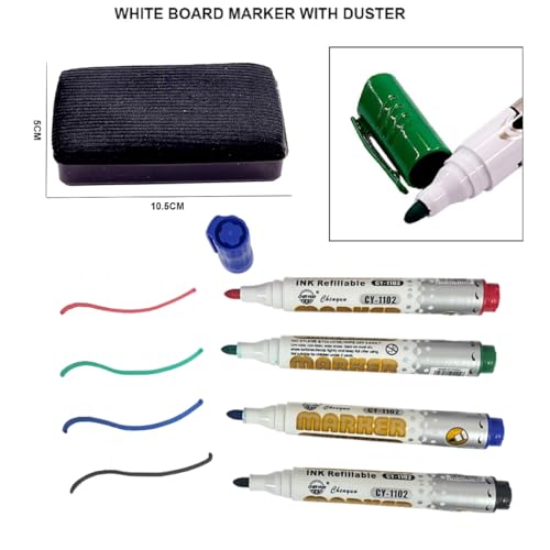 Image of AccuPrints Whiteboard Markers | Set Of 4 Markers And 1 Duster | 4 Assorted Ink Colours | Bold Point Marker Pens With Easily Refillable And Erasable Ink (Big Duster Set) (A3P9)