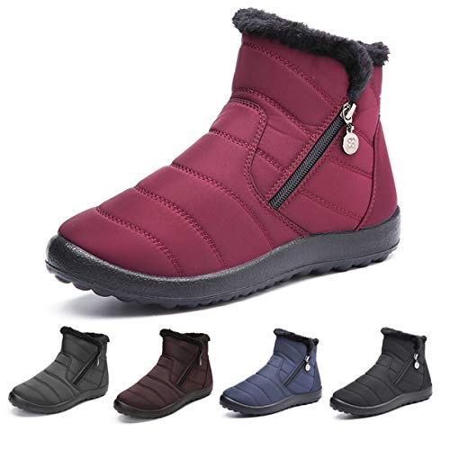 Botas de Nieve para Mujer Niñas,Camfosy Botines de Invierno Impermeables Piel Interior cálida Zapatos Planos Tacón Plano Ciudad Botas Antideslizante Cómoda Negro Azul Rojo 2020