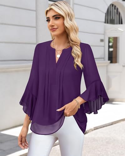 Image of Timeson Women's Short Sleeve V Neck Blouses Shirts Floral Double Layers Mesh Tunics Tops