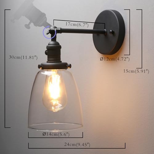 Image of PERMO Industrial Vintage Single Sconce with Oval Cone Clear Glass Shade 1-Light Wall Sconce Wall Lamp (Black)