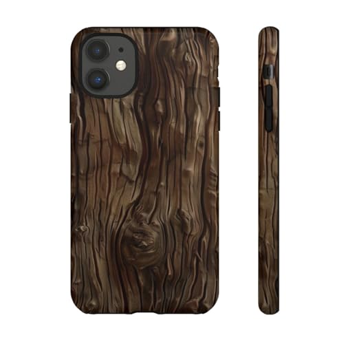 Coque rigide brillante iPhone 11 motif texture bois marron foncé chic
