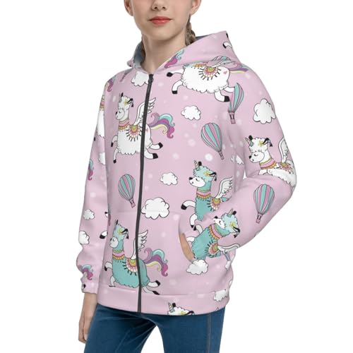 Llama Unicorn and Rainbow Kid Hoodies Boys Zip Up Sweatshirts Girls Pullover with Pocket