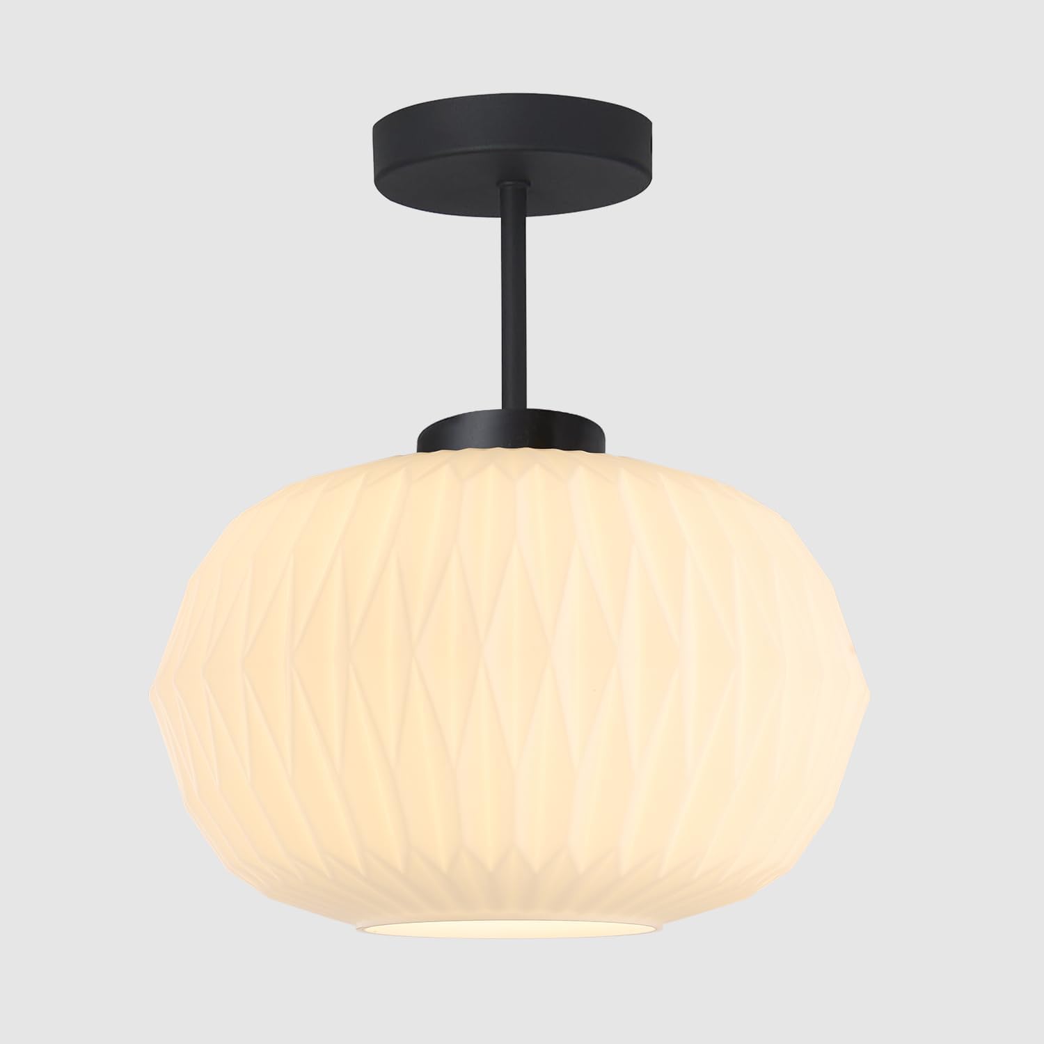 Semi Flush Mount Ceiling Light Modern Black Close to Ceiling Light Fixture Vintage Striation Glass Ceiling Lamp Industrial Chandelier for Hallway Bedroom