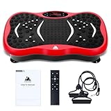 EVOLAND Vibrationsplatte Trainingsgerät mit 5 Trainingsprogramme bis 99 Intensitätsstufen, Bluetooth Lautsprecher, Widerstandsbänder mit Griff für Ganzkörpertraining und Körperformung-Rot