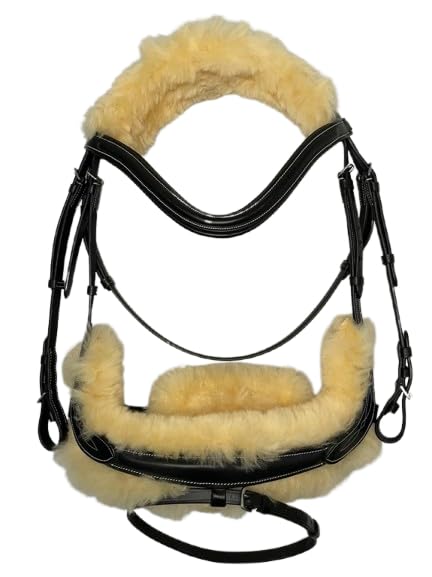 Benz Equestrian Anatomical Sheepskin Snaffle Bridle with Comfort Headpiece, Noseband, and Leather Reins (Black , Extra-Full)