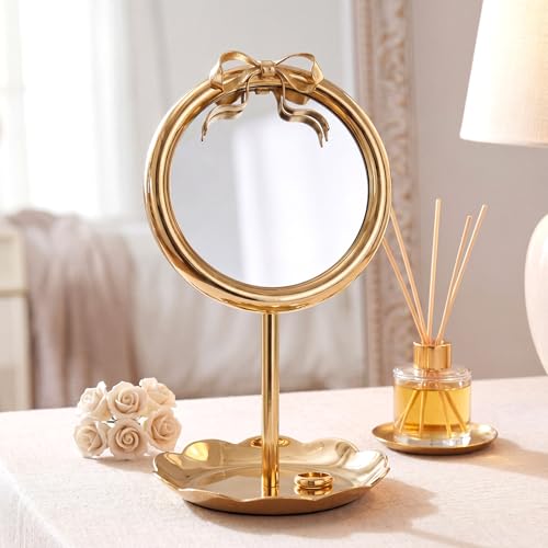 Sliner Bow Vanity Makeup Mirror with Jewelry Tray 11.8'' Tabletop Round Gold...