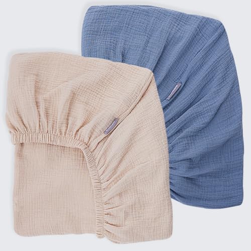 Image of Muslin Crib Sheets for Boys Girls Rutiwa Organic Cotton Crib Sheets Neutral 2 Pack Soft Breathable Baby Mattress Sheets Fit Standard Crib & Toddler Bed Mattress 28"x52"(Denim Blue/New Camel)