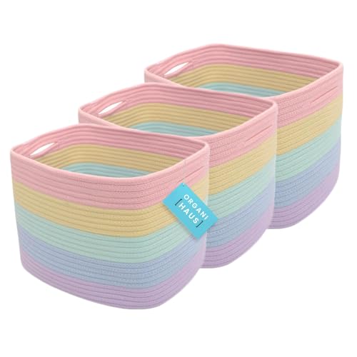 OrganiHaus Set of 3 Pastel Rainbow Woven Storage Baskets for Shelves, Decorative Organizer Bins for Kids Room, Nursery & Classroom, Colorful Toy Storage Basket for Playroom Decor – 15x9x10 inches
