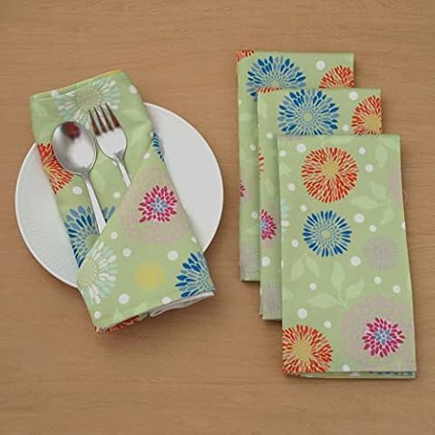 CAIT CHAPMAN HOME COLLECTION Spectacular Festive Flowering Fireworks Printed Easy-Care Fabric Table Linen (18"x18" Napkin Set of 4, Green) Cover