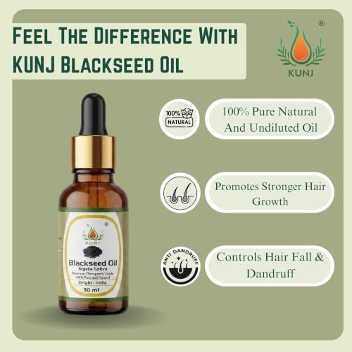 Image of KUNJ Black Seed Oil 30ml - 100% Pure & Natural Cold Pressed Kalonji Oil for Hair, Face, Skin & Scalp Care | Hair Strengthening, Scalp Nourishment & Skin Care | Nigella Sativa Oil