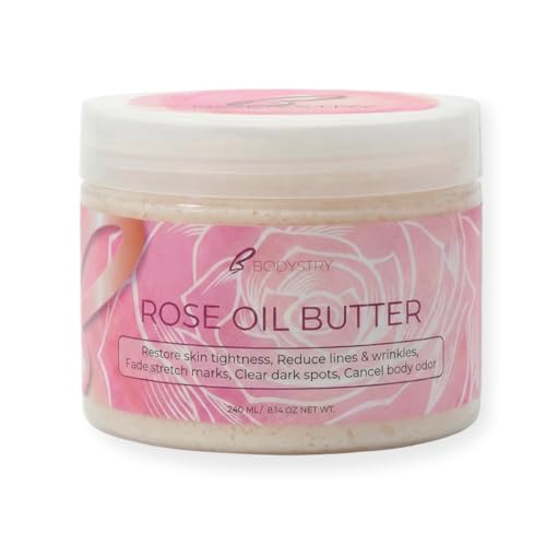 Bodystry Rose Oil Butter - Firming Body Butter for Stretch Marks Loose Skin Wrinkles & Dark Spots - Hydrating Skin Tightening Body Moisturizer Deodorizing Non Greasy - 10.14 oz / 300 ml