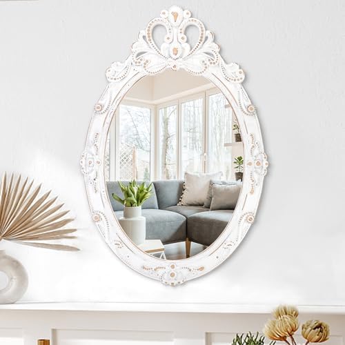 White Oval Wood Mirror for Wall Vintage Framed Hanging Bedroom Wa...