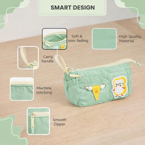 Image of Canvas School Bag Pencil Case, 3 Layer 6 Compartment Large Capacity, Aesthetic Pencil Pouch for Stationary, Cute Stationery for Kids, Pencil Case for Girls & Boys (Pista)