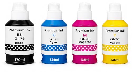 Image of GI-76 Refill Ink Bottle for Canon Pixma GX3070, GX3072, GX4070, GX5070, GX6070, GX7070 Printers (170ML x 1 Bottle Black + 135ML x 3 Bottle Color)