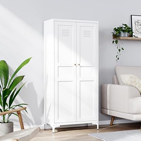 Yizosh Metal Storage Cabinet with 2 Doors and 4 Adjustable Shelves - 61" White Kitchen Pantry Storage Cabinet, 5-Tier Tall Steel Cabinet Locker for Kitchen, Living Room, Dining Room Cover