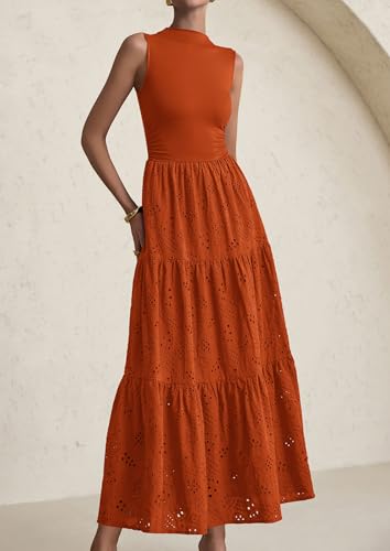 Image of PRETTYGARDEN Summer Dresses for Women 2026 Casual Eyelet Sleeveless Wedding Guest Maxi Dress Tank Top Sundress with Pockets