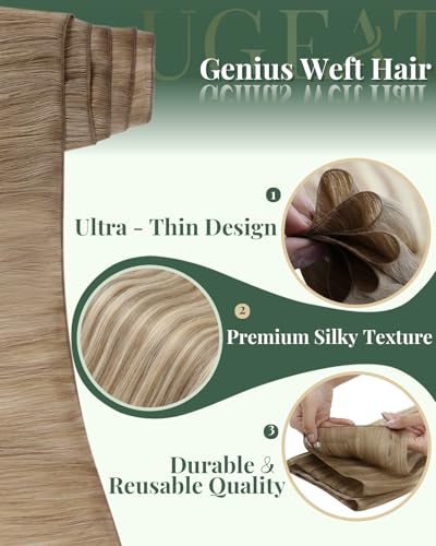 Image of Ugeat Genius Weft Hair Extensions Real Human Hair Ombre Genius Weft Hair Extensions Light Brown Mix Platinum Blonde Balayage Genius Wefts Sew in Hair Extension Add Volume 22 Inch 80G