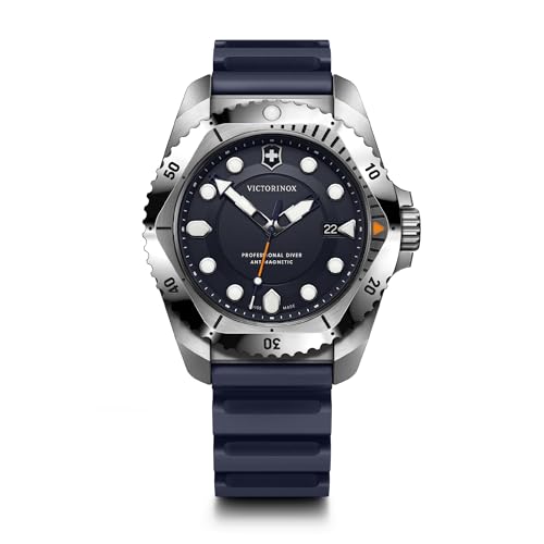 Victorinox Dive Pro Ø 43 mm Reloj de Pulsera de Hombre, Swiss Made, Cuarzo analógico, Sumergible hasta 300 m, Cristal de Zafiro, Pulsera de Caucho, Azu