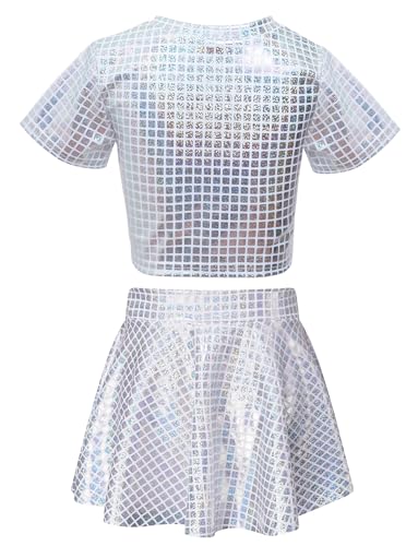 Image of Sequin Top for Girls with Shiny Skirt Disco 0utfit Metallic Dress Performance Kids 3-13T