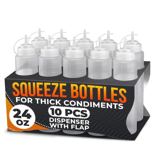 BURIUS 10-Pack Squeeze Bottles for Sauces 24 oz Plastic Semi-Transparent