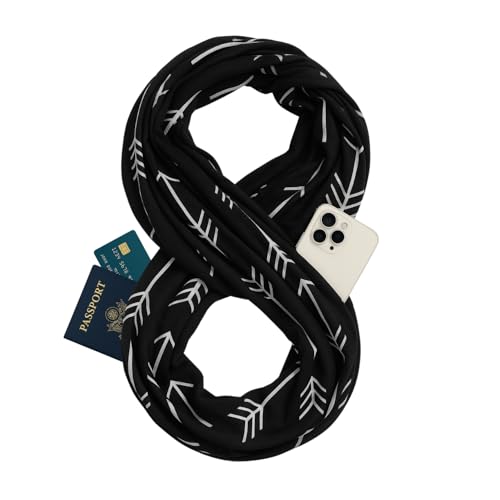 Arrow Pattern Infinity Scarf for Women - Travel Scarf with Hidden Pocket - Women Infinity Scarves for All Seasons (Black)