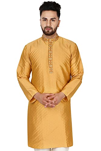 SKAVIJ Men's Art Silk Kurta Wedding Party Casual Long Shirt Dress (Small, Gold)