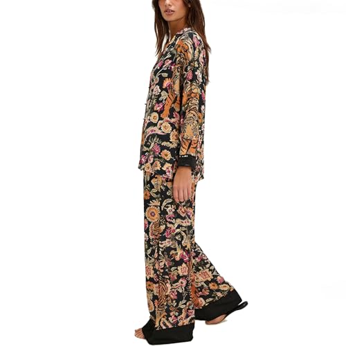Image of Women Satin Pajama Set Floral Silk Pajamas 2 Piece Lounge Sets Button Down Shirts Wide Leg Pants Pjs Sleepwear
