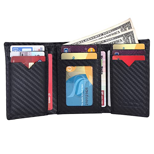 Image of Brooklyn Bridge Genuine Leather Trifold Wallet for Men Genuine Leather Trifold Wallet Card Holder for Men, RFID Protection, Mens Wallet, Purse, Tri Fold, ID Card, Gift for Men Boys Carbon Fiber Black