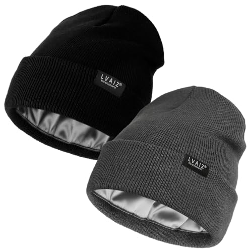 2 Pack Satin Lined Beanie Hats for Men Women Winter Warm Knitted Cuffed Silk Lined Slouchy Skull Cap