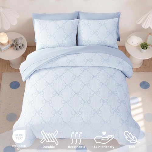 Image of BLOOMHAVEN Queen Comforter Set for Girls, 7 Pieces Blue Bow Bedding Set, All Seasons Bed in a Bag with Sheets, Pillowcases & Shams