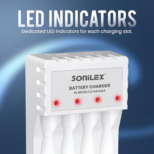 Image of Sonilex AA & AAA Battery Charger, 4-Slot LED Smart Charger (White)