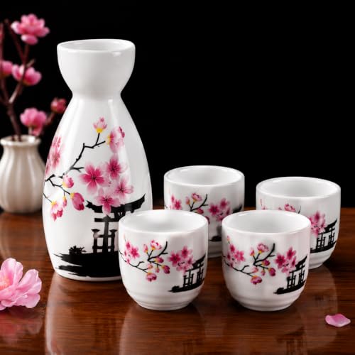 Image of Melbify Japanese Sake Flower Blossom Design Set | 1 Pc Sake Bottle(180 ml) & 4 Pc Sake Cup(45 ml) | Traditional Craftsmen's Hand Painted Design | Sake Serving Set | House Warming Gift | Anniversary