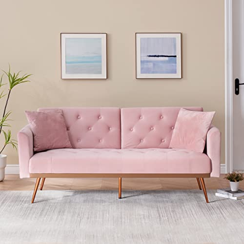 Eafurn Convertible Futon Sofa Bed,Velvet Adjustable Sleeper Couch, Reversible Loveseat Folding Daybed With Gold Metal Legs, Splitback Small Couches & Sofa For Living Room, 68.3", Pink W/Tufted #TOP20