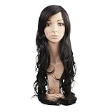MelodySusie Black Long Curly Wavy Wig for Women, 34 Inches Synthetic Hair Wig with Inclined Bangs Halloween Cosplay Daily Party Wig Natural as Real Hair with Free Wig Cap, Black