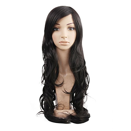 MelodySusie Black Long Curly Wavy Wig for Women, 34 Inches Synthetic Hair Wig with Inclined Bangs Halloween Cosplay Daily Party Wig Natural as Real Hair with Free Wig Cap, Black