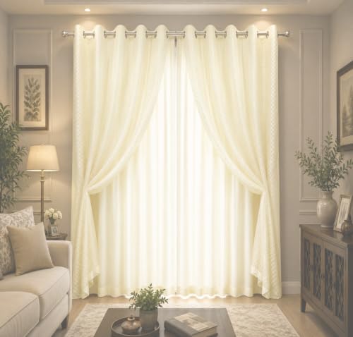 Image of Double Curtains 2 in 1 Embroidery Transparent Curtain with 80% Blackout Curtain Best for Every Interior Living Room (creem 9 L4 W feet Set 2)