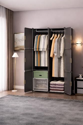 Image of Sunderlook Plastic Wardrobe for Kids Clothes - Professional Collapsible Wardrobe, Easy to Use Foldable Almirah, Plastic Cupboard for Kids for Home (Black-HL3, 6 Door)