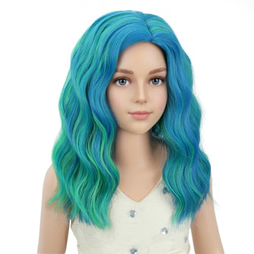 Image of PATTNIUM Blue Mixed Green Wigs for Kids Girls Short Curly Wavy Wigs Side Part Shoulder Length Heat Resistant Synthetic Wig Halloween Cosplay Costume Party Wigs
