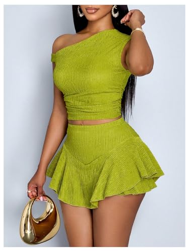WDIRARA Women's One Shoulder Asymmetrical Tank Top and Layered Ruffle A Line Mini Skirt Sets 2 Piece Outfits3