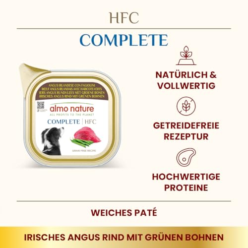 Almo Nature HFC Complete Nassfutter für Erwachsene Hunde – Irischer Angus mit grünen Bohnen – menschliche Qualität, glutenfrei, Monoprotein – 85 g, 17 Stück