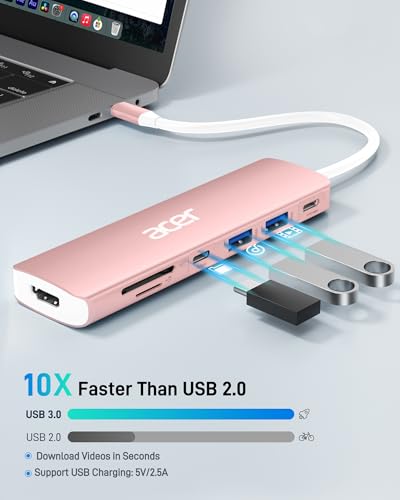 Image of Acer USB C Hub, 7 in 1 USB-C to HDMI Multi-Port Adapter, 2 USBA 3.1 GEN1 and 5Gbps Type-C Data Port, 4K HDMI Port, PD 100W Charging, SD Card Reader for iPad Pro MacBook Pro Laptops and More(Pink)