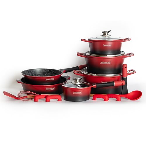 Royalty Line Batterie De Cuisson Complète Effet Marbre - 17 Pièces - Tous Feux - Rouge Et Noir