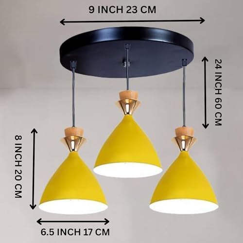Image of Modern Yellow Dome Hanging Pendant Light for Ceiling, Aluminium, Antique Decor, E-27 Holder, (Bulb is not Included) 3 Light Cluster Set
