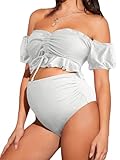 OYOANGLE Women's Maternity 2 Pieces High Waist Off Shoulder Ruffle Hem Bikini Set Swimsuit Pregnancy Swimwear White Large
