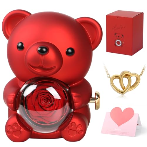 chufa Cute Teddy Bear with Preserved Rose, Real Eternal Rose in Bear with Elegant Gift Box, Romantic Keepsake for Her – Anniversary, Birthday, Valentine’s Day, Weddings & Mother’s Day (Red)